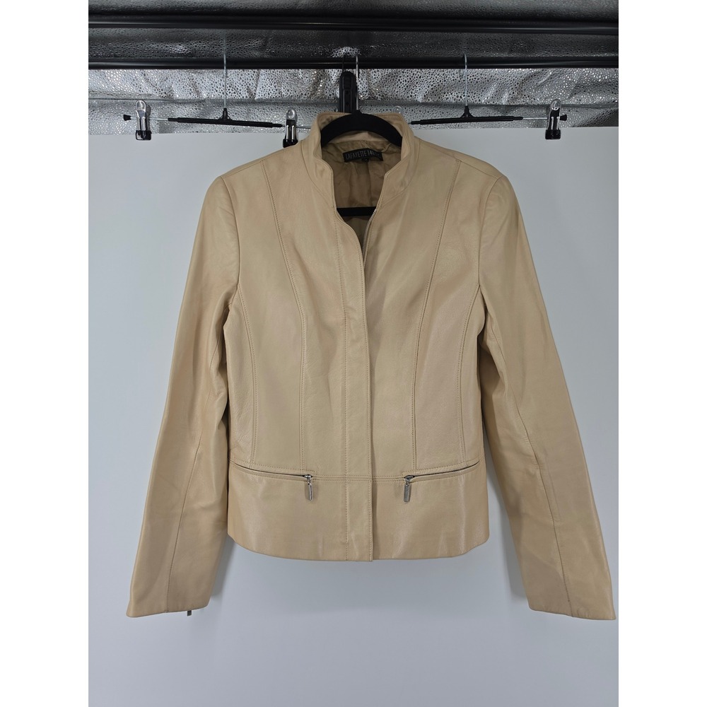 Lafayette 148 New York Tan Beige Leather Zip Front Stand Collar Jacket Size 8